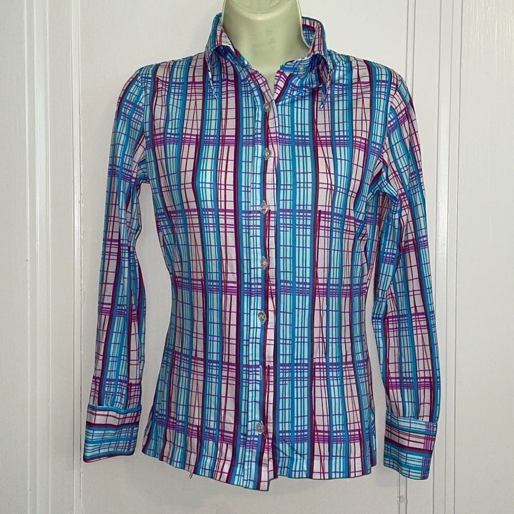 Vtg 70s Futuristic brand purple & blue nylon polyester knit shirt
